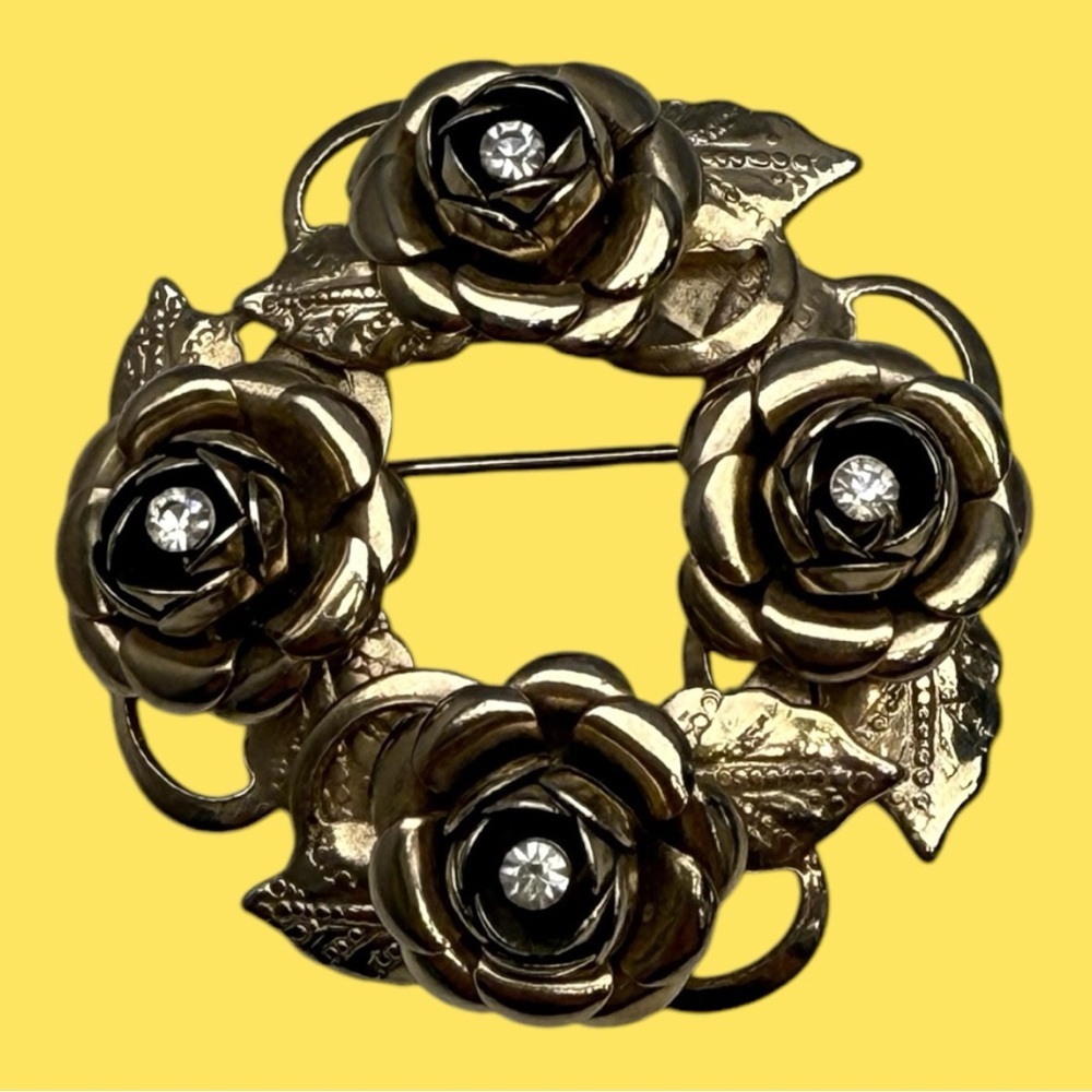 Vintage Brooch Gold Tone Roses Rhinestones Mid-Century Modern MCM